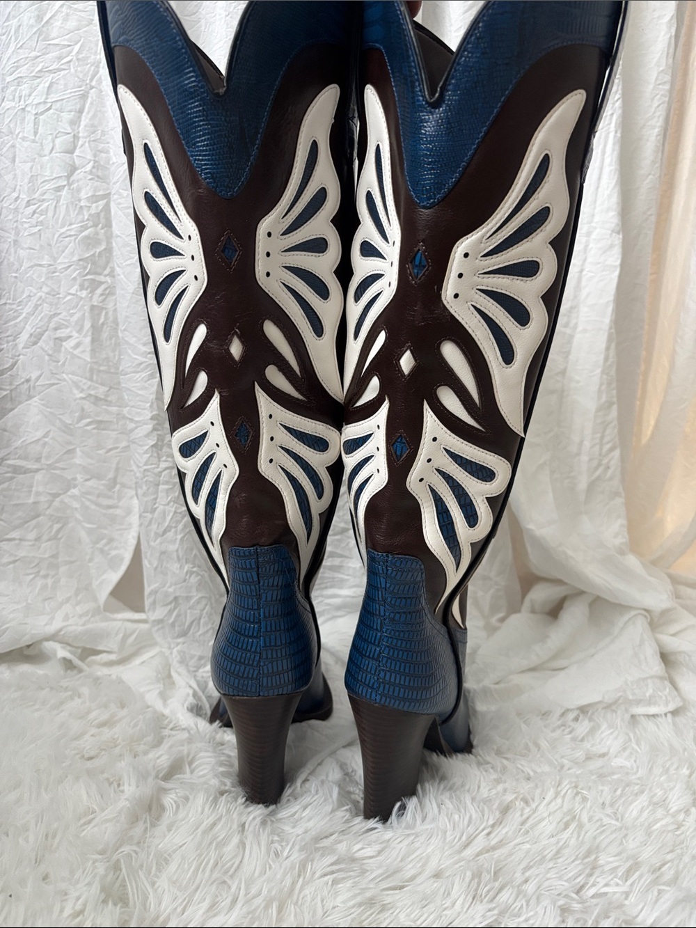 Steve Madden Blue, White & Brown Western Knee-High Heeled Boots